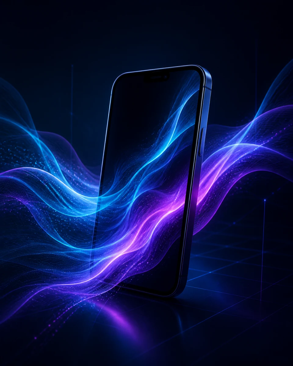 Smartphone mit fließenden cyan-violetten Lichtwellen