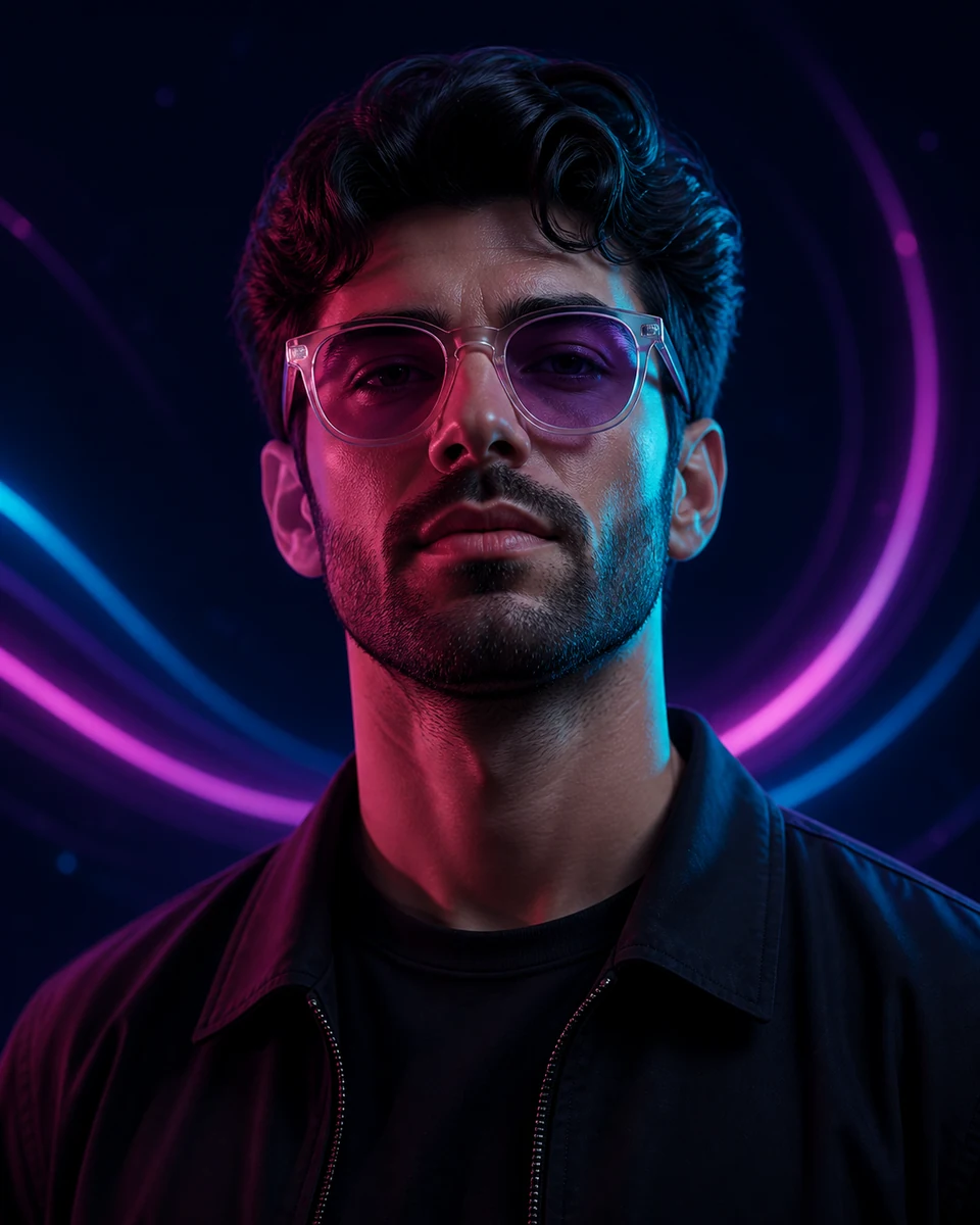 Fiktiver Creator mit Neonbrille im cyan-violetten Licht