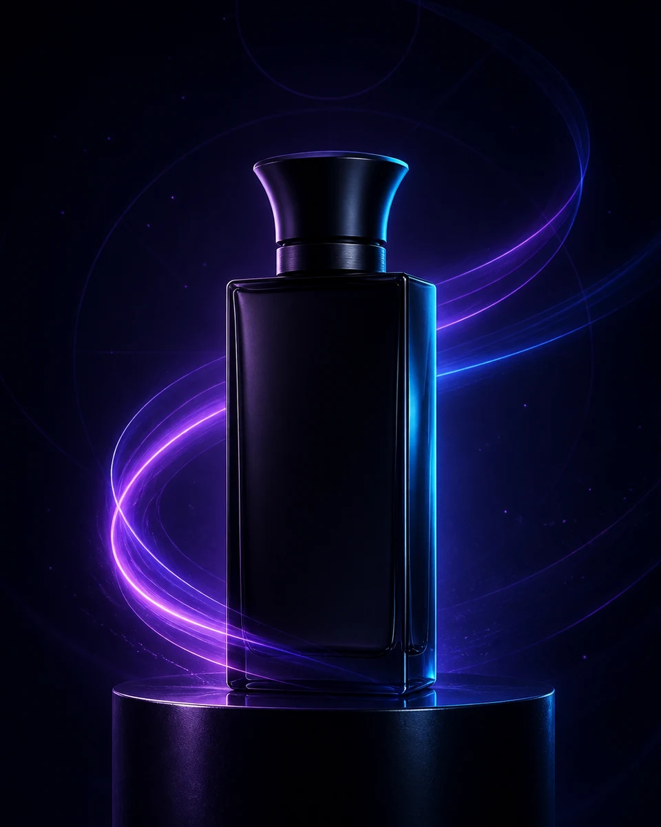 Eleganter unbeschrifteter Duftflakon mit violetten Lichtspuren